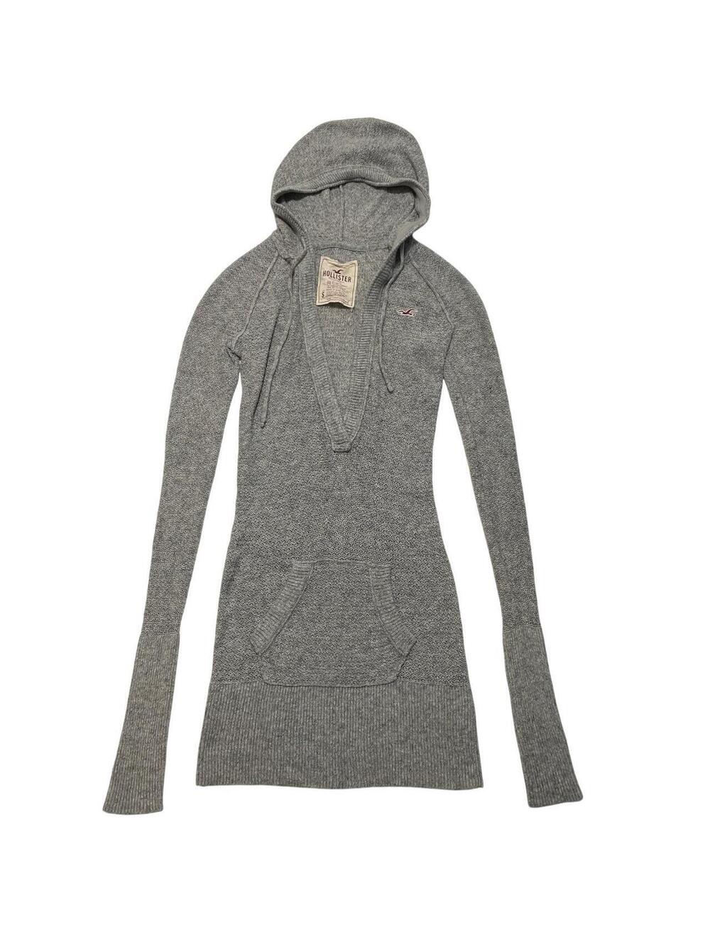 VTG Y2K 00's Hollister Hooded Deep V Neck Knit Sweater Dress Women's S Gray